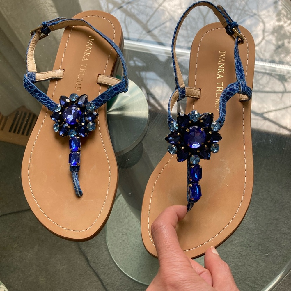 Thong style flat sandals w/ Crystal Design. Crocodile strap in blue. Worn once